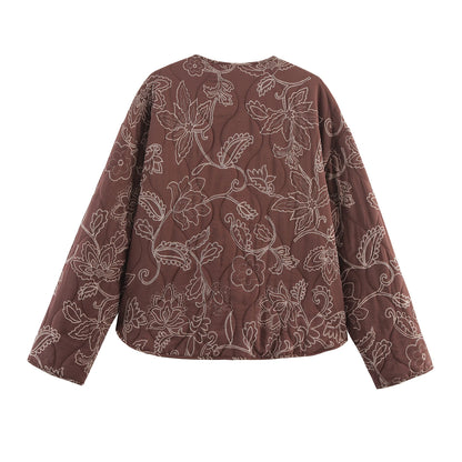 TRAF Early Autumn New Women's Elegant Printed Quilted Coat Women's Single Breasted Coat Women's Retro Street Clothing Jacket