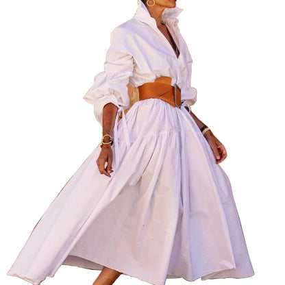 2024 Autumn New Women's Clothing Solid Color Fashionable Temperament Long Sleeved Sleeve Lace Up Casual Mid Length Lapel Dress