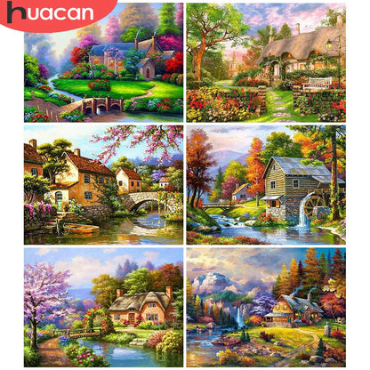 Huacan Diamond Embroidery Landscape Handmade Diamond Painting Village Needlework Mosaic Cross Stitch Home Decor