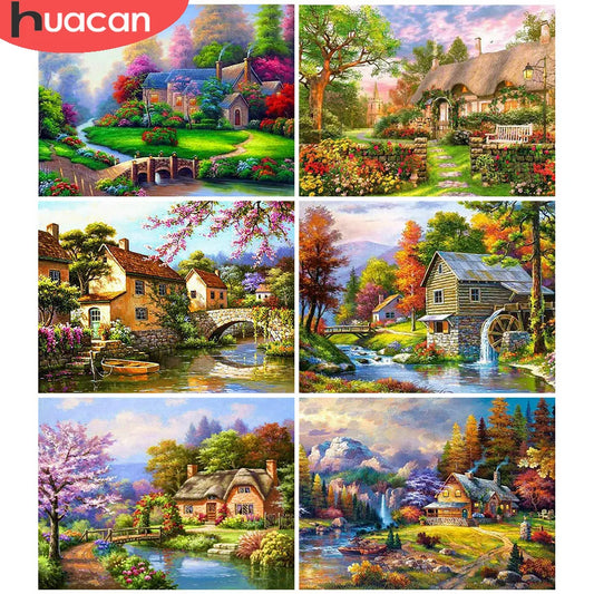 Huacan Diamond Embroidery Landscape Handmade Diamond Painting Village Needlework Mosaic Cross Stitch Home Decor