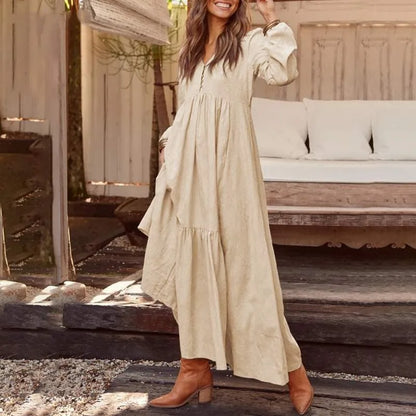 Autumn Winter Women's Clothing New Fashion Solid Color Button Cotton Linen Retro Casual Long Sleeved Dress Big Swing Long Skirt
