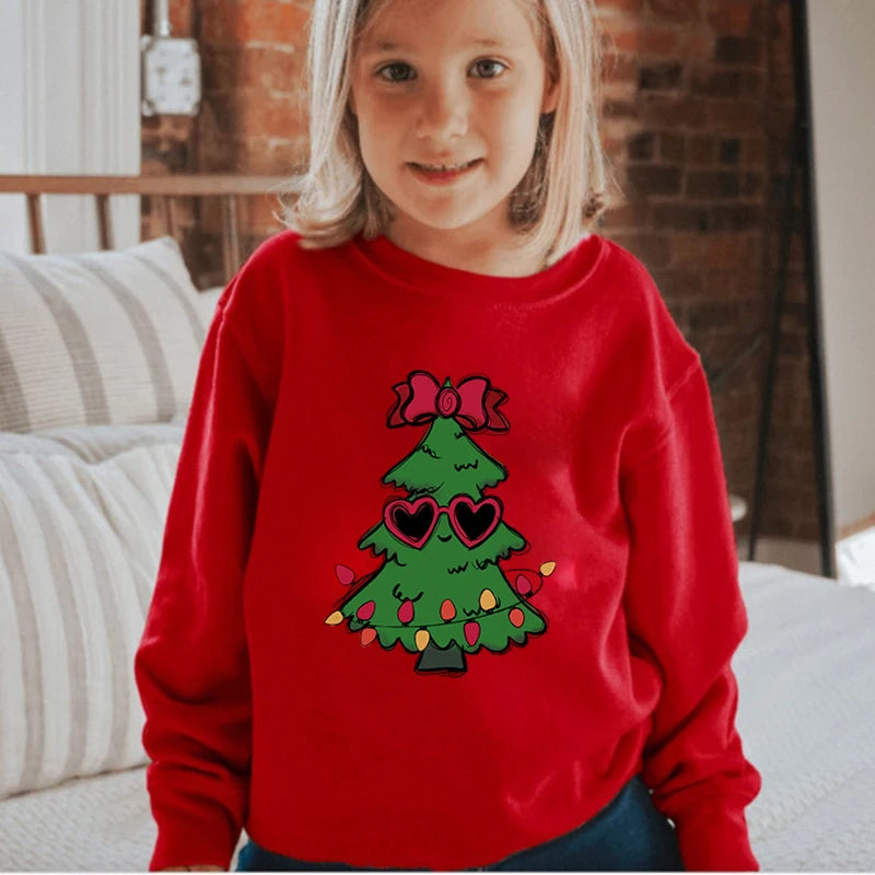 Boys and Girls Sweet Christmas Tree Fashion Cartoon Graphic Y2K Sudaderas Casual Kids Pullover