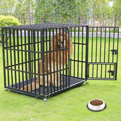 XXL Large Heavy Duty Dog Crate Strong Pet Cage Tear Resistant Square Tube Metal Kennel Playpen with Lockable Wheels and Tray