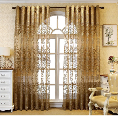 European Luxury Coffee with Golden Wire Jacquard Hollow Tulle Curtain for Living Room Palace Elgent Fabric Windows Drape ZH431#4