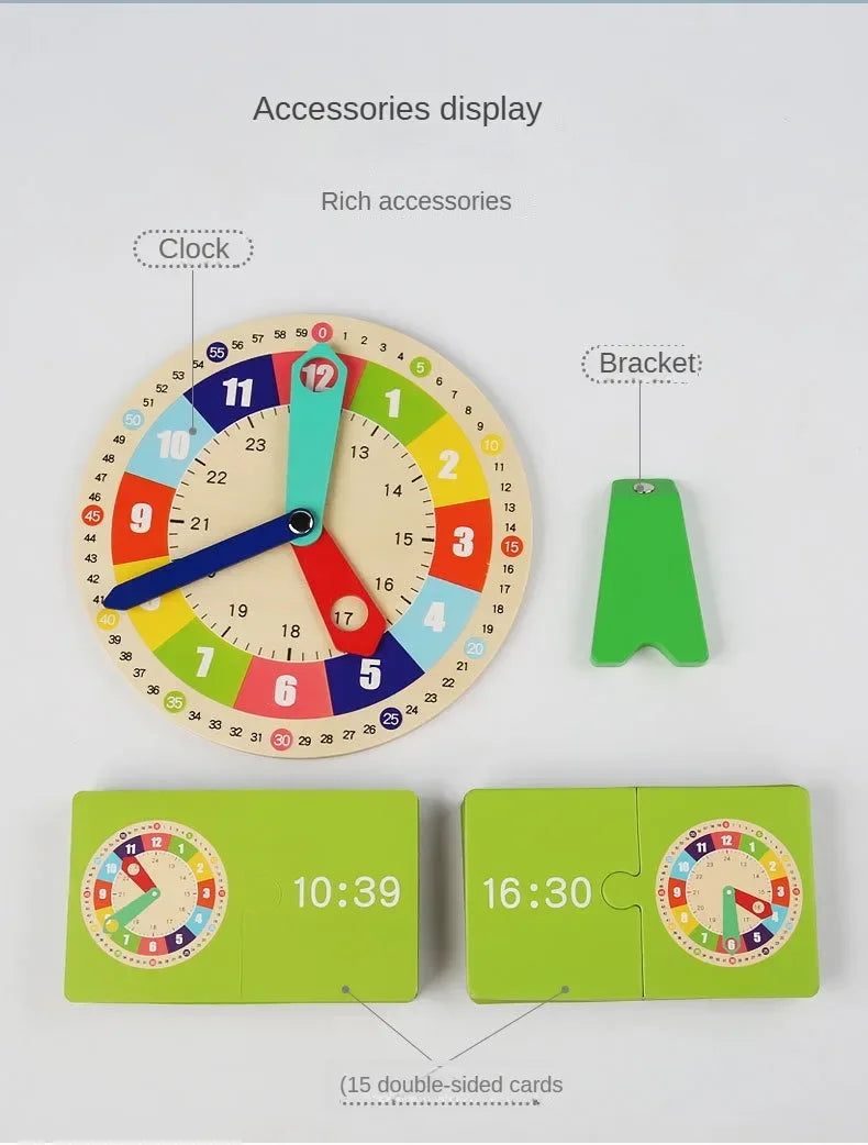 Wooden Clock Model Teaching Aid Montessori Learning Clocks with Cards Kindergartner Toy for Game Interaction Playroom Wall