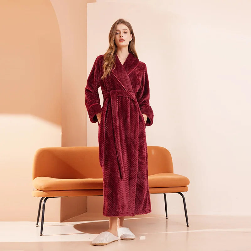 Thicken Flannel Women Long Robe Home Dress Autumn Winter Warm Couple Sleepwear Bathrobe Plush Coral Fleece Lounge Wear Negligee
