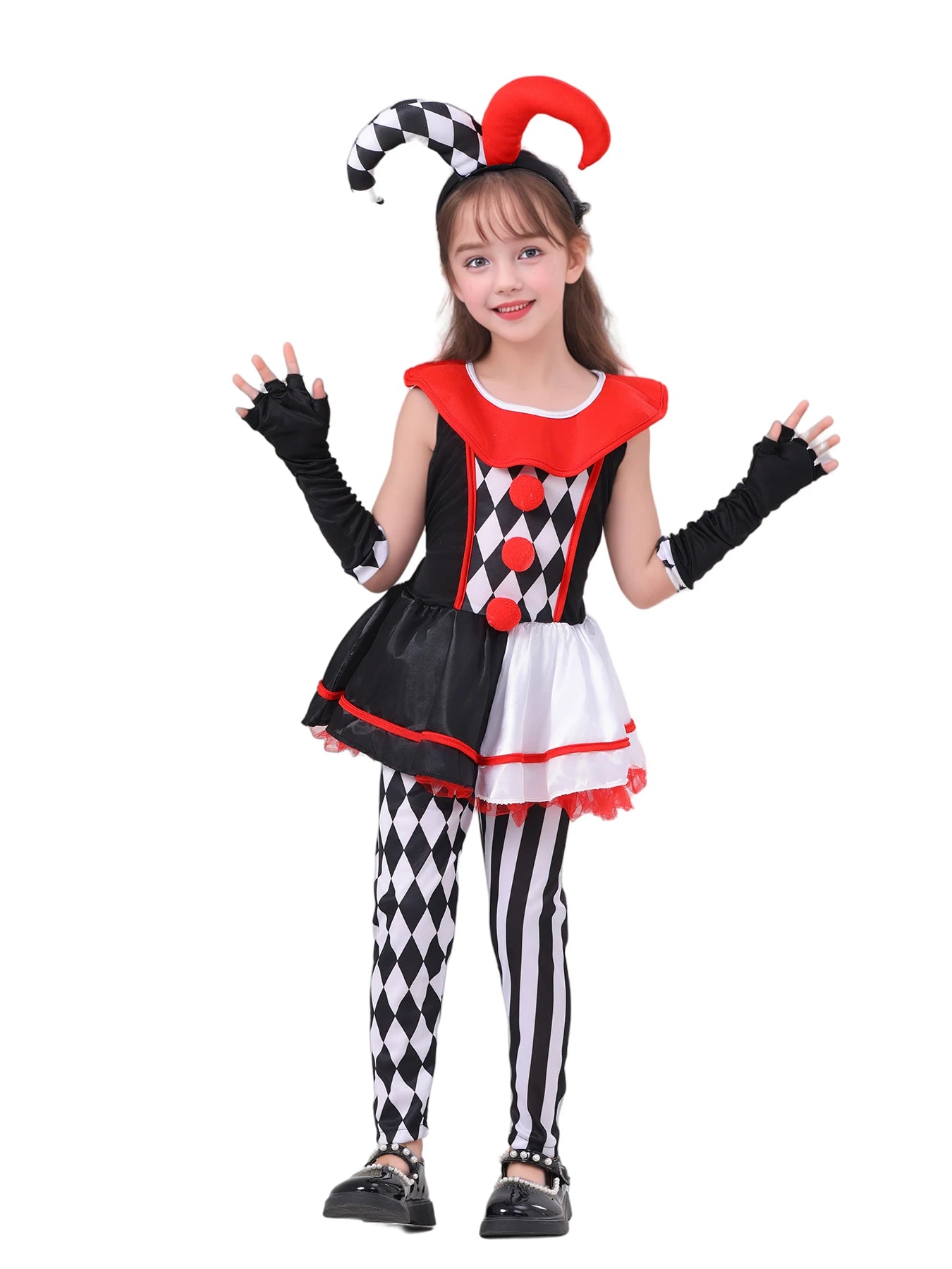 Girls jester clown costume with red and black colors, striped leggings, and playful accessories