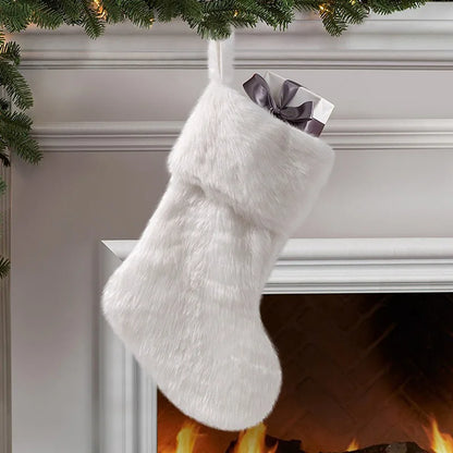 Large White Christmas Stockings Plush Socks Gifts Candy Bag Xmas Tree Pocket Hanging Ornament New Year Christma Decorations
