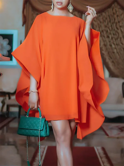 Lemongor 2024 New Elegant Batwing Sleeve Party Evening Orange Dress Summer Fashion Solid Color Round-neck Mini Dresses For Women