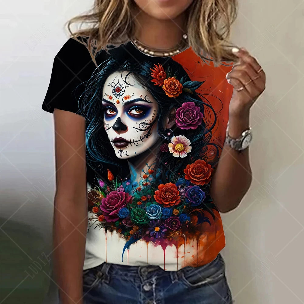 Summer Women Fashion T-shirt Mexican Day Of Dead Tops Tees Female Daily Casual Short Sleeve Clothing Ladies Vintage Outfit