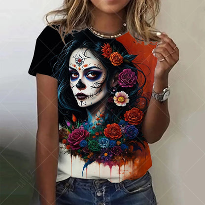 Summer Women Fashion T-shirt Mexican Day Of Dead Tops Tees Female Daily Casual Short Sleeve Clothing Ladies Vintage Outfit
