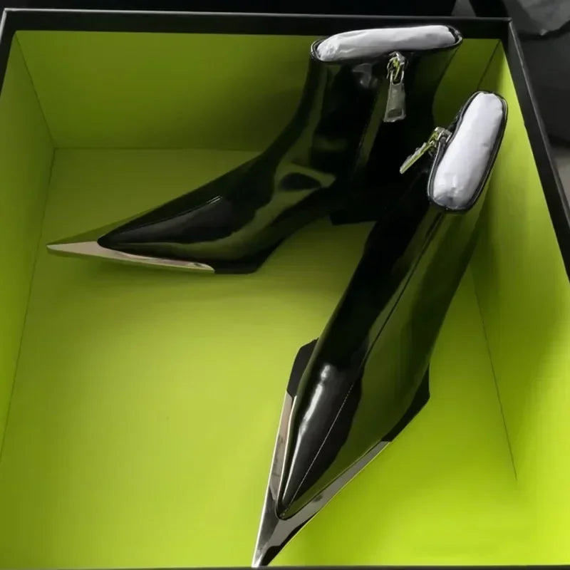 Luxury Designer Pointed Toe Chelsea Boots Women 2025 Fall Chunky Heel Metal Toe Decoration High Heels Side Zip Black Ankle Boots