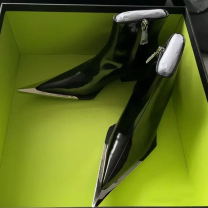 Luxury Designer Pointed Toe Chelsea Boots Women 2025 Fall Chunky Heel Metal Toe Decoration High Heels Side Zip Black Ankle Boots