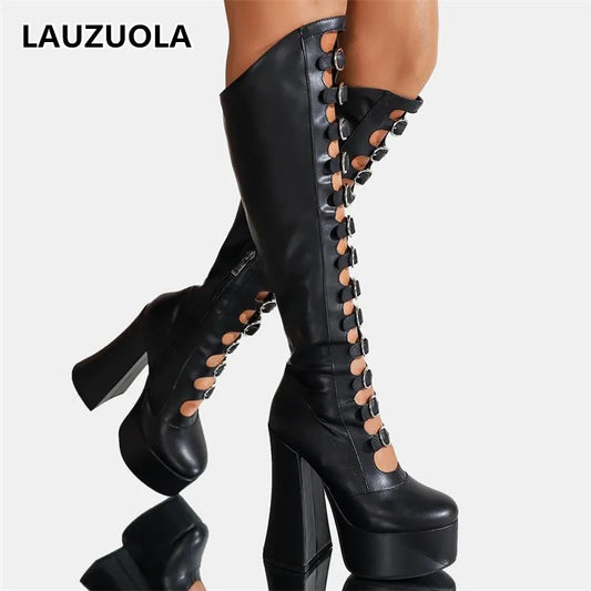 New Women's Round Toe Thick Soled Height Increasing Boots 2025 Autumn Winter Punk Style Knee High Hollow Out Women's Boots