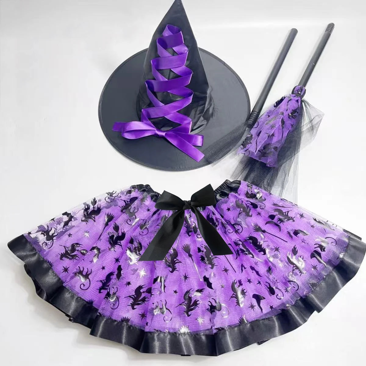 Halloween Adults Women Bat Pumpkin Witch Costume Set Tulle Skirt Hat Broom Skirt 3pcs/set,for Halloween Carnival Party Cosplay
