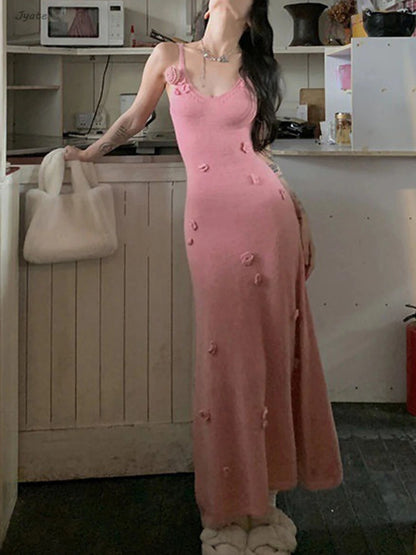 Three-dimensional Flower Knitt Backless Lace Up Vestidos Fashion V-neck Vacation Beach Long Dress Sexy Slim Party Dress 2024 New