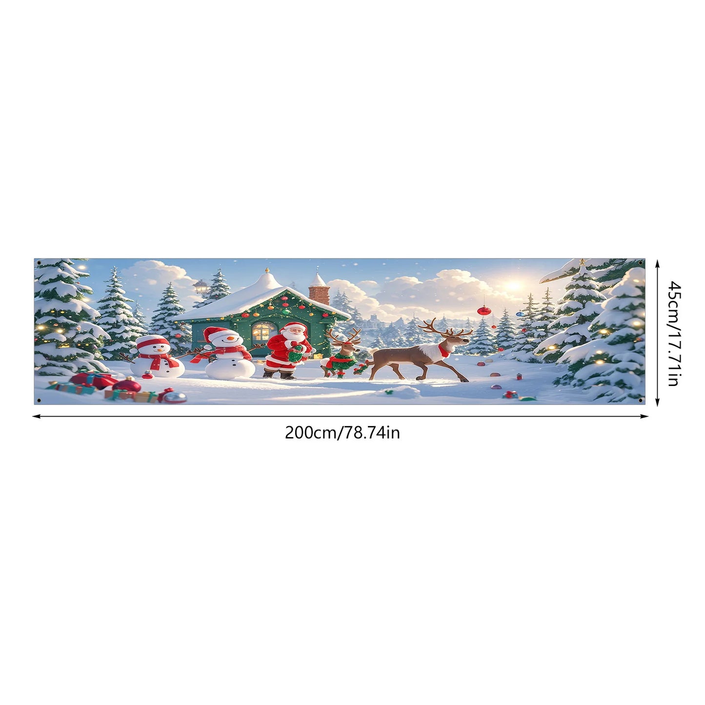 1 Christmas banner - Santa Claus, Snowman and Reindeer Hut Winter Wonderland scene - Heavy holiday decorations