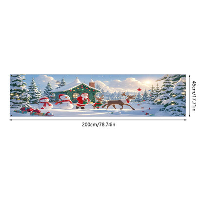 1 Christmas banner - Santa Claus, Snowman and Reindeer Hut Winter Wonderland scene - Heavy holiday decorations