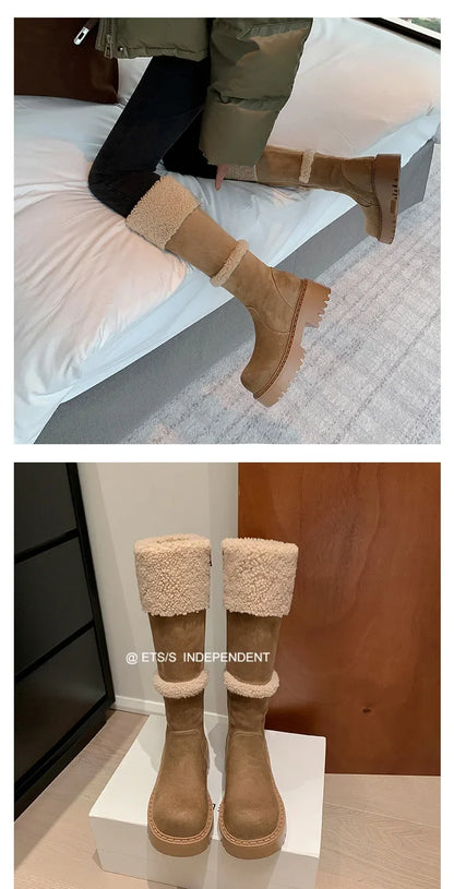 Thickened Lamb Wool Long Tube Snow Boots for Women New 2025 Autumn Winter Anti-slip Fleece-lined Cotton Shoes Knee High Boots