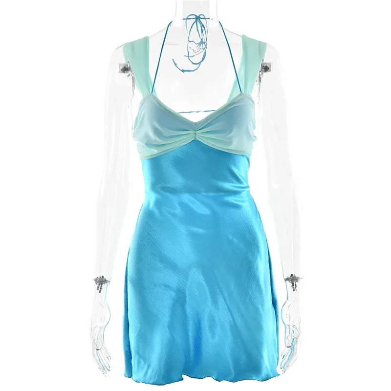 Mozision Patchwork Sleeveless Sexy Mini Dress For Women Robe Satin Strapless Backless Lace-up High Waist A-line Club Dress