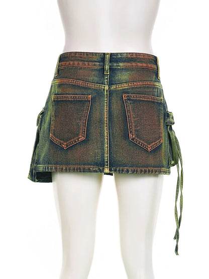 DEAT Women's Denim Skirts Tie-dye Green Irregular Spliced Multiple Pockets Cargo Mini Skirt 2025 Summer New Fashion 29L3411
