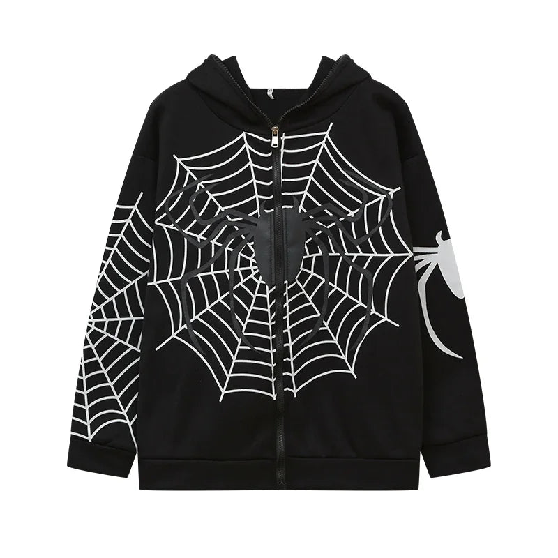 EtherealBe black zip hoodie with white spider web and spider print casual spider web zipper hoodie for women