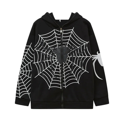EtherealBe black zip hoodie with white spider web and spider print casual spider web zipper hoodie for women