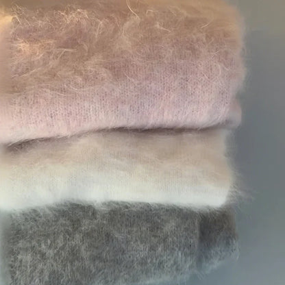 Fluffy Mohair Off Shoulder Cropped Sweater Oversize Slouchy Long Sleeve 2025 Autumn Cozy Women Knit Top Trendy Sweet Lady Jumper