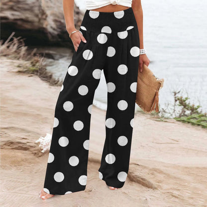Dot Printed High Waisted Wide Leg Summer Pants For Teen Girls Women Casual Fit Palazzo Pants Beach Trendy Trouses With Pockets