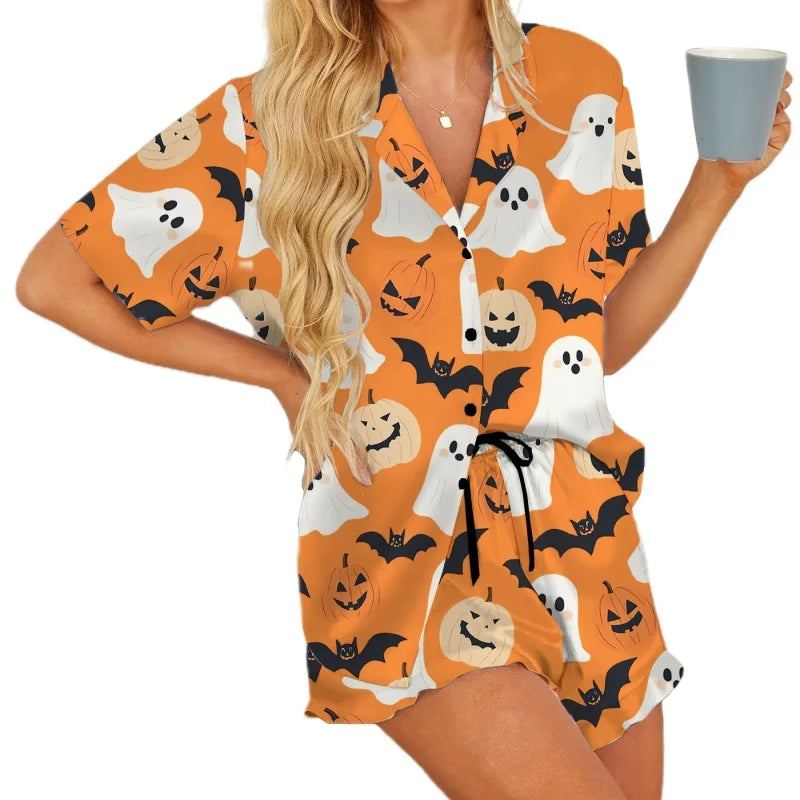 Women Halloween Pajama Set Pumpkin Short Sleeve Button-up Tops Elastic Waist Shorts 2 Piece Sleepwear Outfit