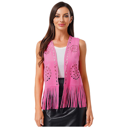 Womens Western Cowgirl Hippy Cosplay Costume Vintage Hollow Out Tassel Tank Tops Fringe Vest 70s Disco Faux Suede Waistcoat