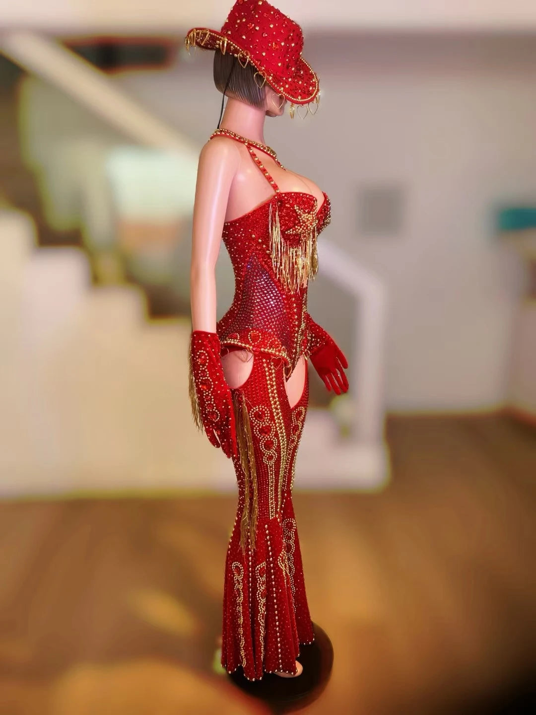 Women Sparkly Rhinestone Red Bodysuit 4Pieces Set Nightclub Party Stage Show Outfit Cabaret Carnival Showgirl Sexy Wear Hongding