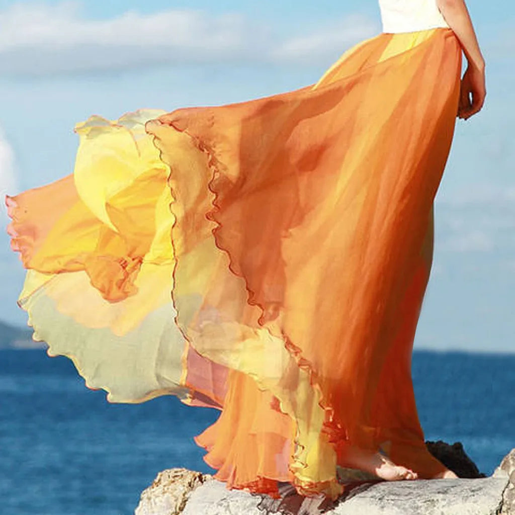 Summer Bohemian Skirt For Women Fashion Chiffon Color Matching A Bottomed Skirt Streetwear Falda Seaside Large Swing Skirts