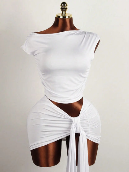 Akaily Summer Street Solid Color Slim Fit Two Piece Sets Sleeveless Asymmetrical Neck Tops+ Bodycon Skirt Set Party For Women