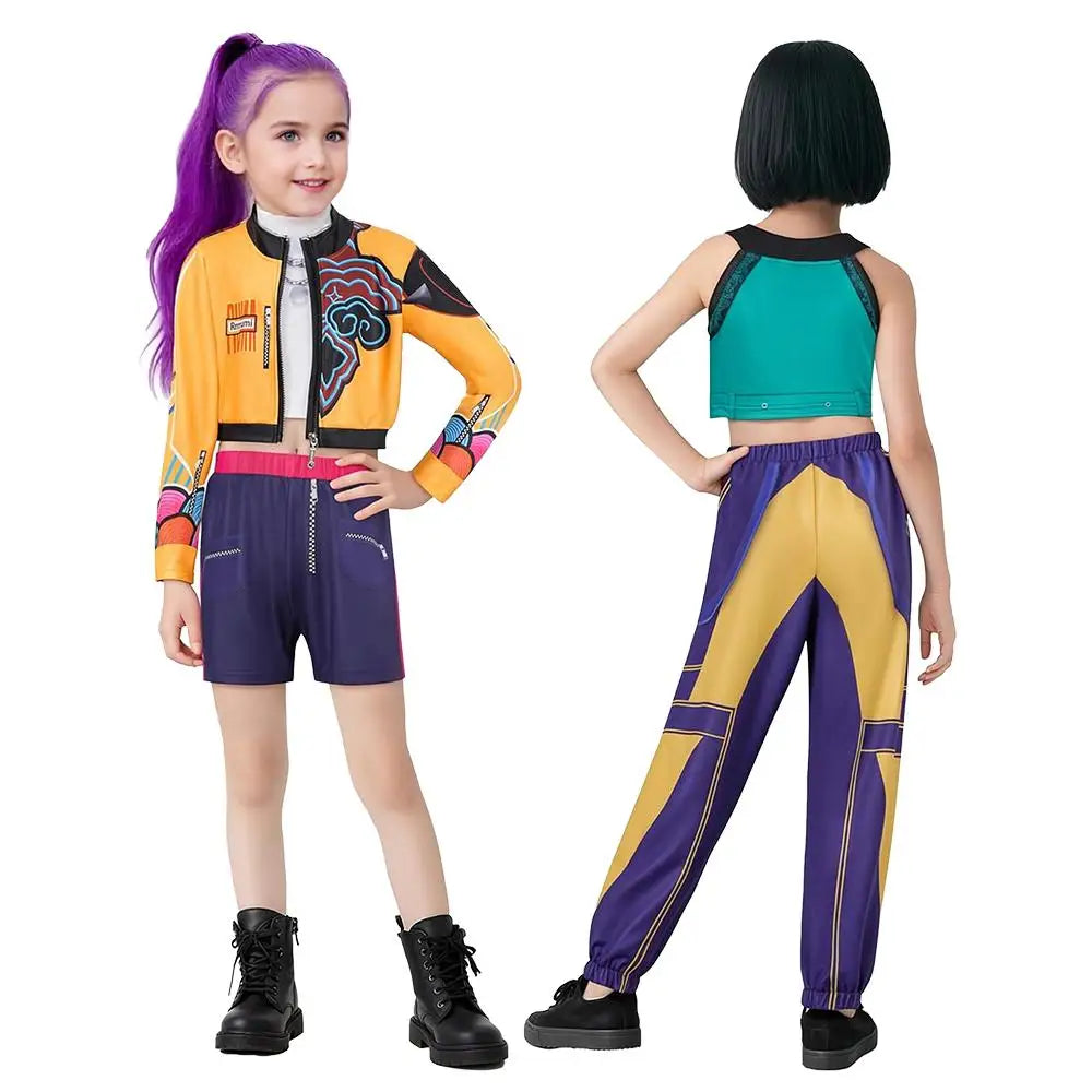 Zoey Rumi kids costume two piece colorful dance set with yellow cropped jacket purple shorts and pants