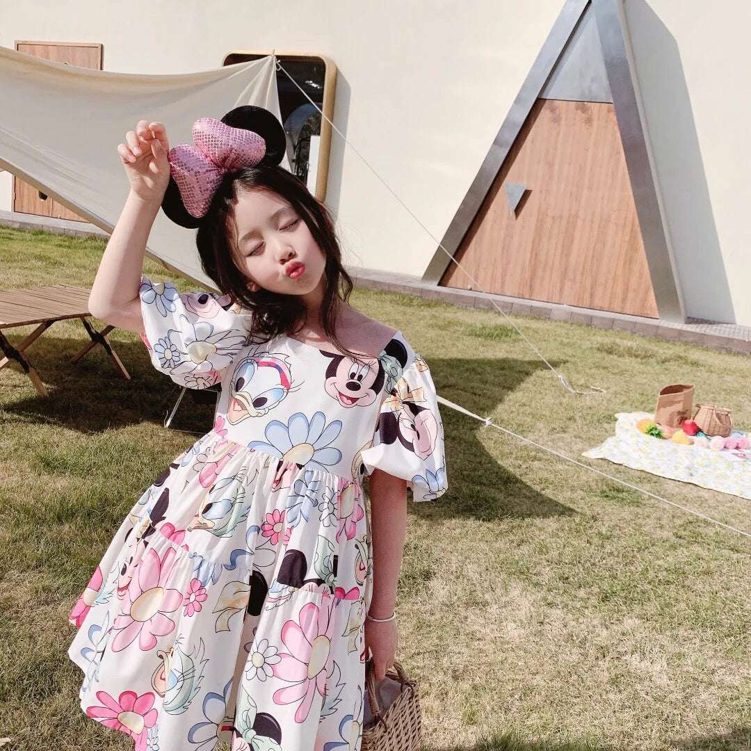 Fashion Girls Mickey Minnie Mouse Dresses Kids Cute Daisy Cartoon Backless Princess Dresses for 1-7 Years Girls Birthday Clothes