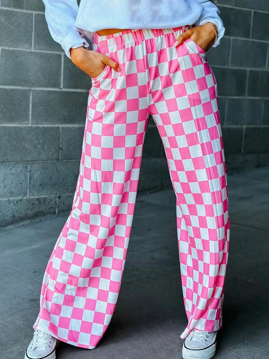 Womens Checkered Wide Leg Pants High Elastic Waisted Straight Loose Fitted LoungeTrouser Y2k Korean Streetwear