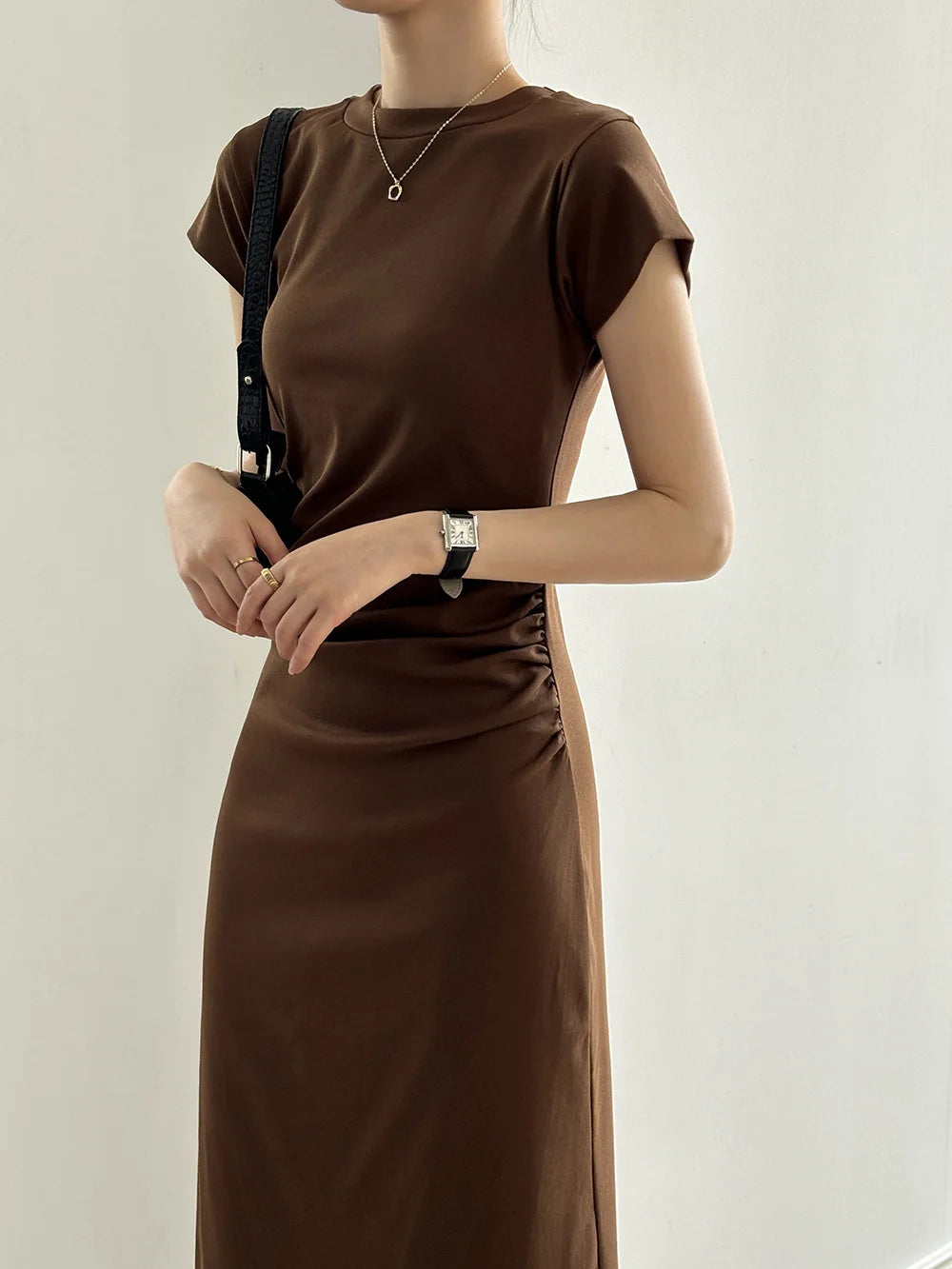 Slim Fit T-irt Dr Women's Spring Summer ort Sve Pleated Waist Cinching A-Line Midi Dr Small Stature 50