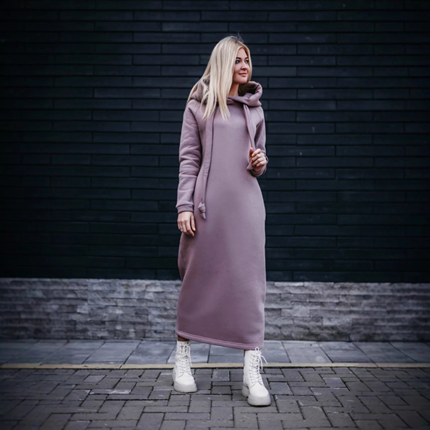 Plus Size Women Fashion Loose Autumn Winter Large Knitted Hooded Long Dress Velvet Hoodie Casual Dress Splicing Warm Dress