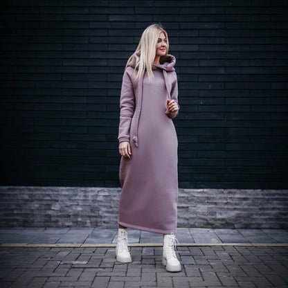 Plus Size Women Fashion Loose Autumn Winter Large Knitted Hooded Long Dress Velvet Hoodie Casual Dress Splicing Warm Dress