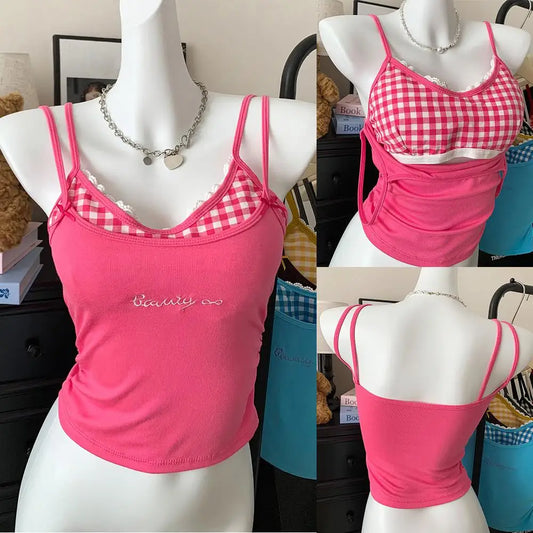 Sexy Plaid Tank Top With Chest Pad Fashion Slim Vest Women Backless Innerwear Camisole Sweet Spicy Girl Women Summer Top 2025