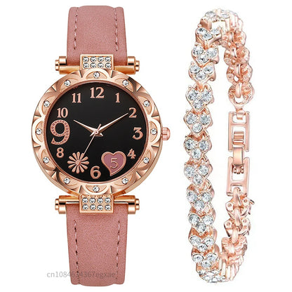 2/1PCS Fashion Heart Dial Women's Watches Luxury Leather Band Quartz Watch Rhinestone Bracelet Set Female Relogio Feminino