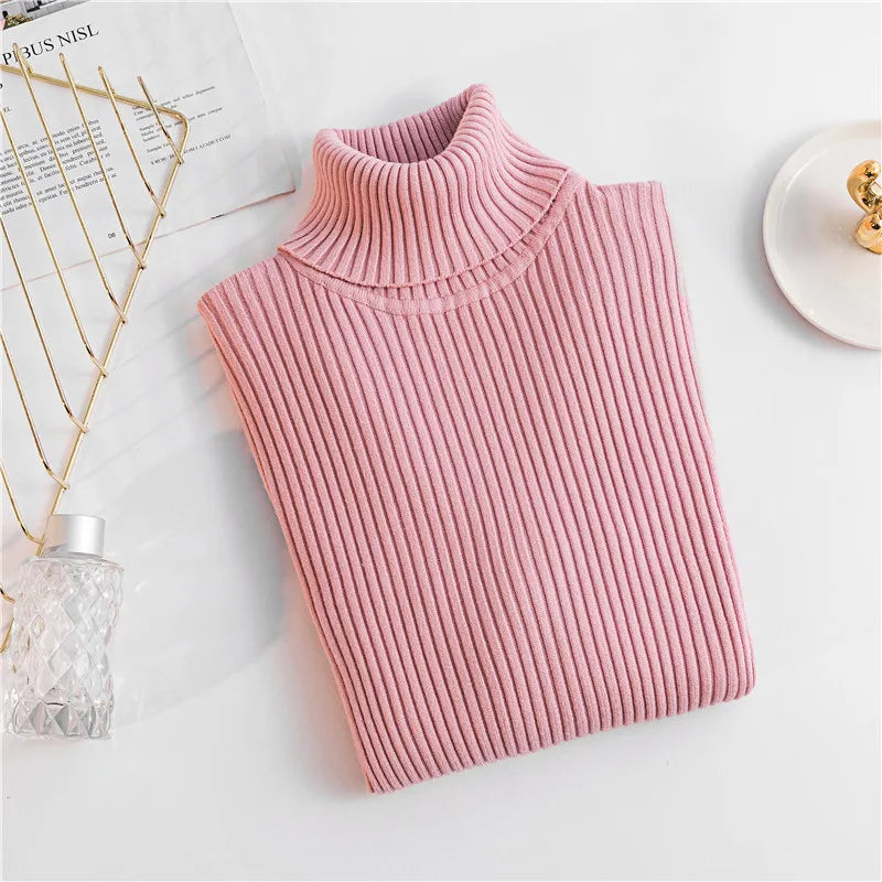 Autumn Winter Women Knit Solid Turtleneck Pull Sweater Casual Rib Jumper Tops Female Home Pullover Y2K Clothing 2025