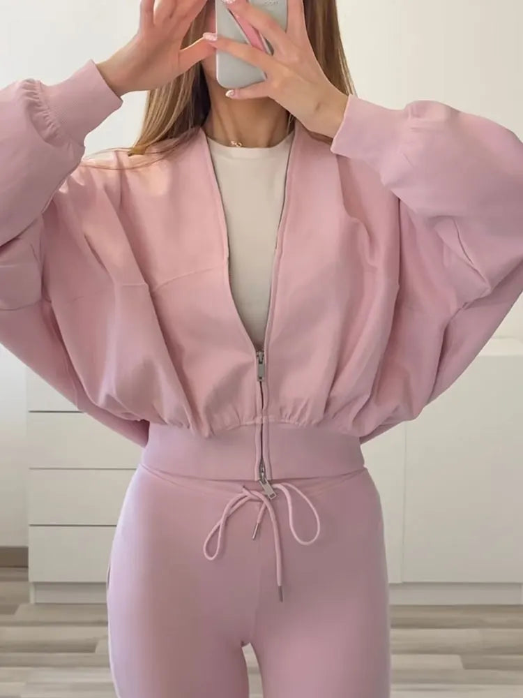 HH Women Casual Solid Coat Flared Pants Suits Long Sleeve Zipper Bomber Jackets 2025 New Fashion Lady Chic Outfit 2 Piece Set