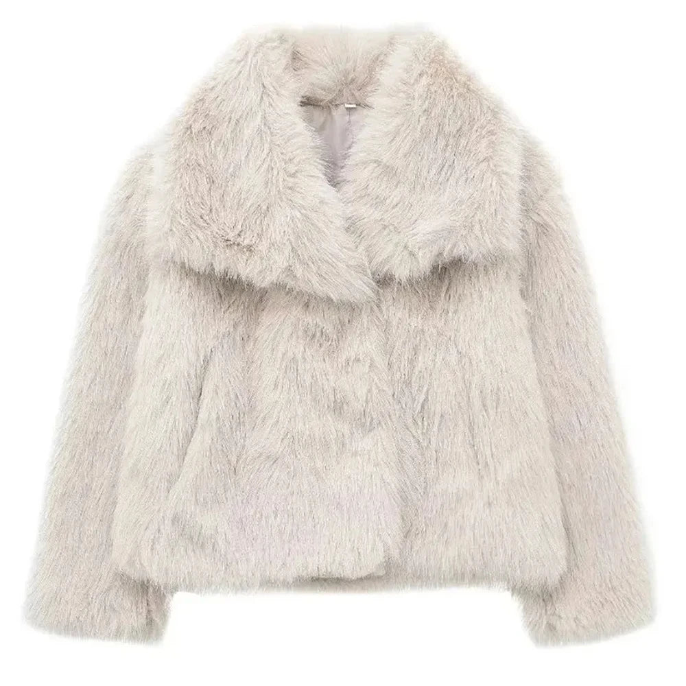 HH Winter Women Elegant Warm Plush Coat Turn-Down Collar Thick Cardigan Coat Female Pocket Long Sleeve Short Outerwear Mujer