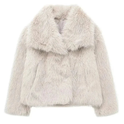 HH Winter Women Elegant Warm Plush Coat Turn-Down Collar Thick Cardigan Coat Female Pocket Long Sleeve Short Outerwear Mujer