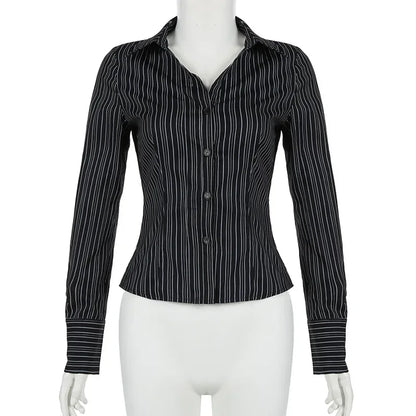 Y2K Black Striped Long Sleeve Button Up Shirt Autumn Elegant Casual Turn-down Collar Blouse Office Lady Women T-shirt