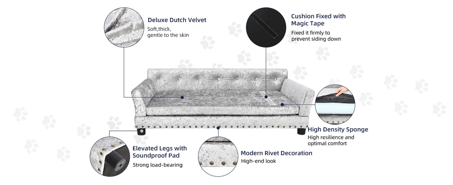 Luxury Velvet Tufted Dog Sofa Bed Large Elevated Pet Bed Upholstered Cushion Wooden Frame Raised Puppy Sofa Couch