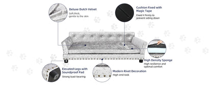 Luxury Velvet Tufted Dog Sofa Bed Large Elevated Pet Bed Upholstered Cushion Wooden Frame Raised Puppy Sofa Couch