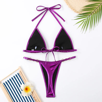 Shiny Pink Micro Bikini 2025 Mujer Women Sexy PU Pearls Push Up Thong Swimsuit Summer Bathing Suit Bandage Holiday Swimwear